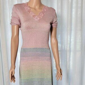 Vintage knit gown fits 6/8 pastel pink/ blue / green lace neck detail.